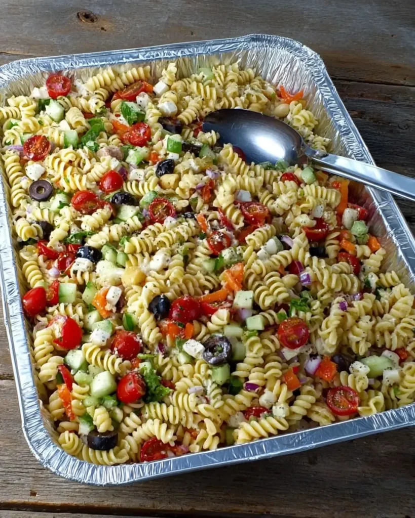 Pasta Salad for Large Crowds with rotini pasta, tomatoes, cucumbers, olives, and feta cheese