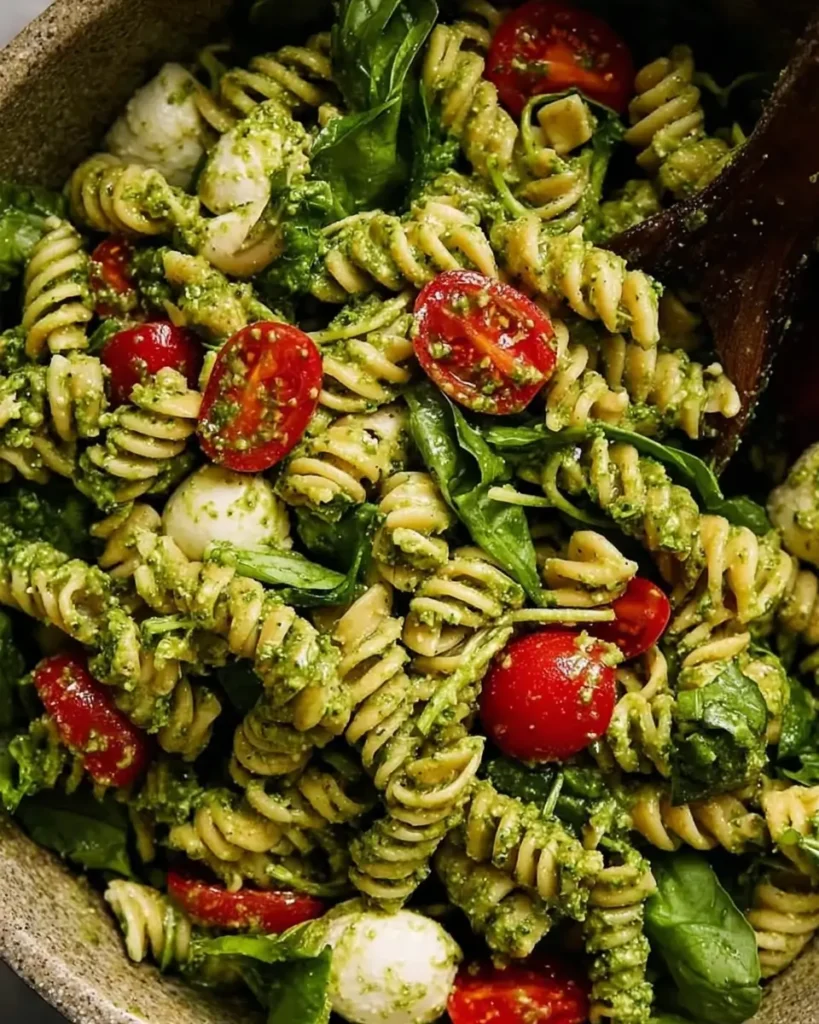Pesto Pasta Salad with rotini pasta, cherry tomatoes, mozzarella, and basil
