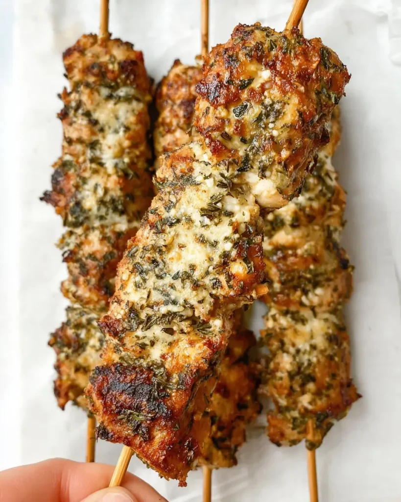 Ranch Garlic Parmesan Chicken Skewers coated with herbs and parmesan cheese