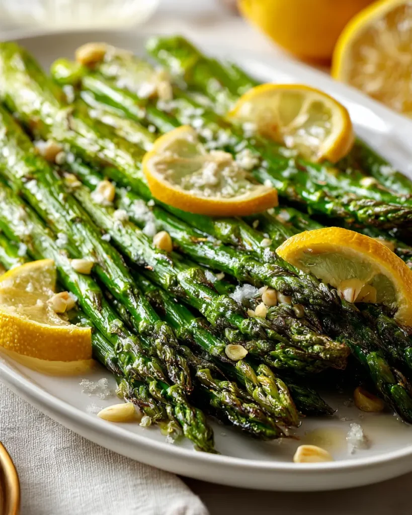 Roasted asparagus side dish with garlic, lemon, and lightly crisp edges on a serving platter.