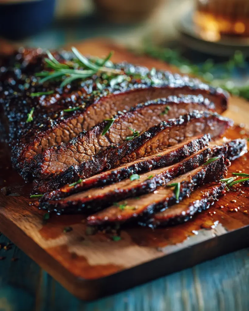 Tender Beef Brisket Recipe sliced on a wooden board with savory juices and fresh herbs.
