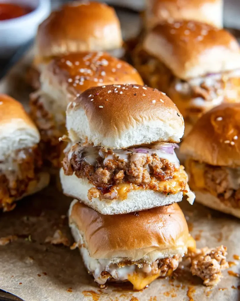Turkey Burger Sliders with melted cheese and savory turkey patties on soft slider buns