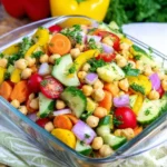 Vegan Side Dish with chickpeas, cucumbers, carrots, peppers, and cherry tomatoes