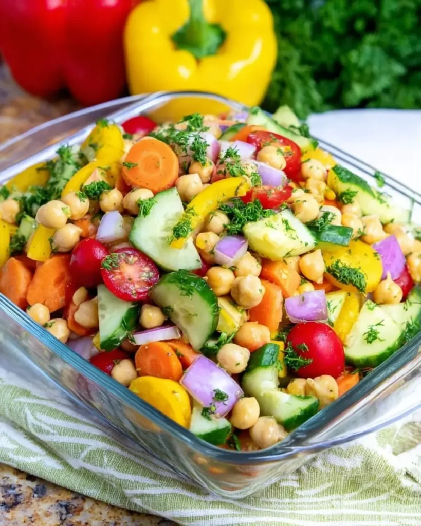 Vegan Side Dish with chickpeas, cucumbers, carrots, peppers, and cherry tomatoes