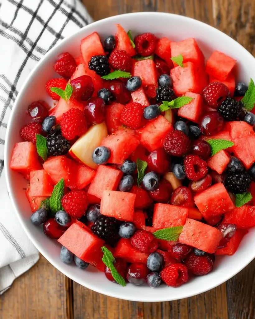 Watermelon Fruit Salad with berries, grapes, and fresh mint leaves