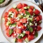 Watermelon Mint Salad with cucumber, feta cheese, red onion, and fresh mint