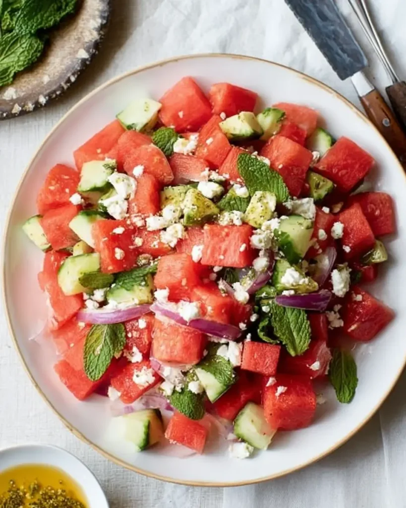 Watermelon Mint Salad with cucumber, feta cheese, red onion, and fresh mint